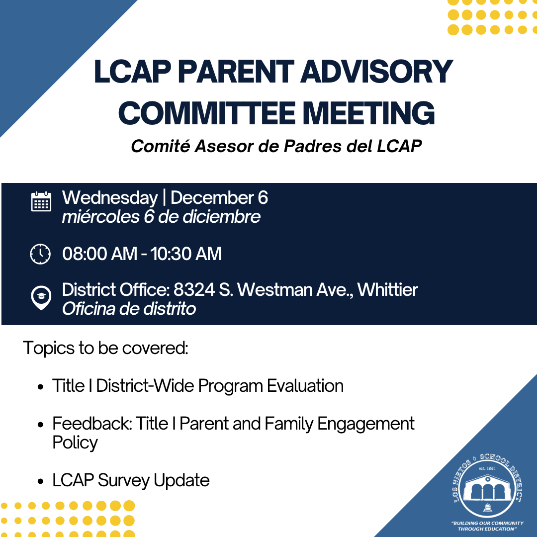LCAP Parent Advisory Committee Meeting flyer containing the date and time of the upcoming meeting.